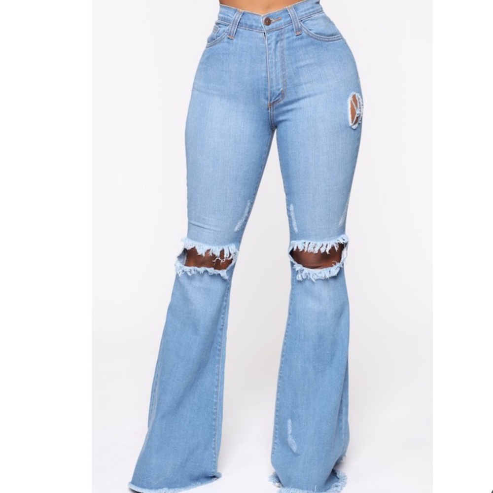 ❌COMING SOON❌ PINK BLUE YELLOW HIGH-WAIST RIPPED KNEE & THIGH BELL BOTTOM JEANS